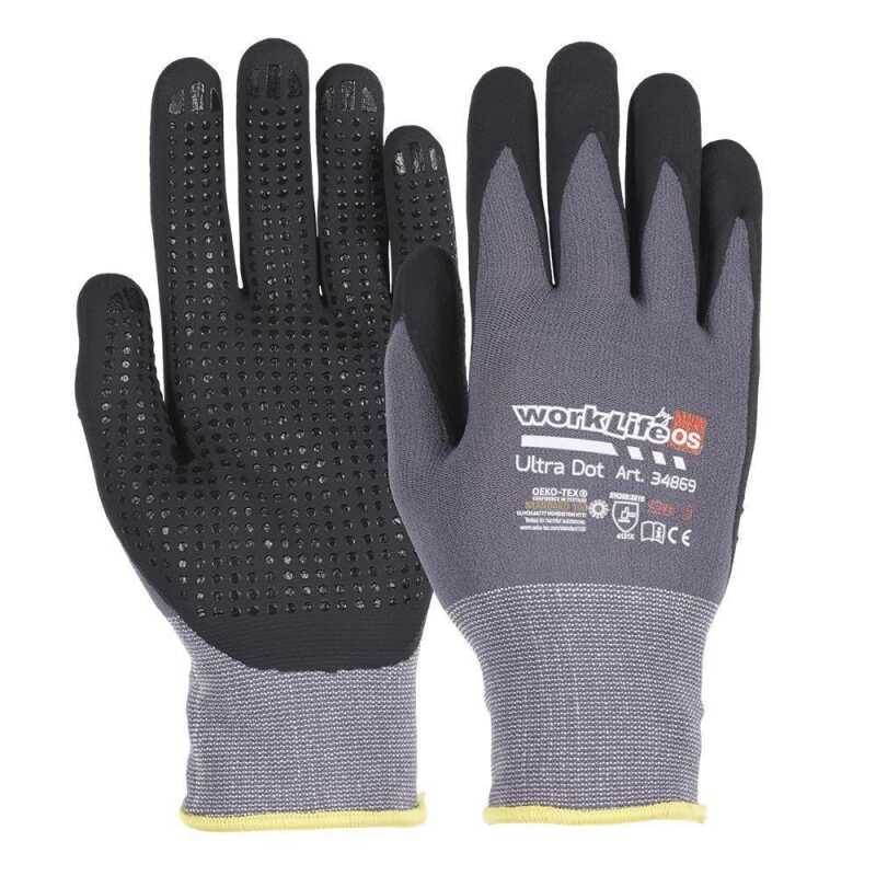 WorkLife Ultra Dot  Gr&ouml;&szlig;e: 7-11, Nylonfeinstrickhandschuh mit Nitril Foam Beschichtung, Innenhand genoppt, atmungsaktiv, &Ouml;ko Tex 100 zertifiziert