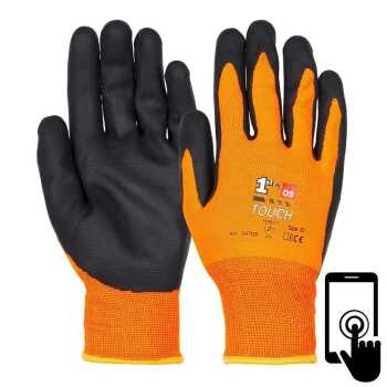 WorkLife Touch Gr&ouml;&szlig;e: 7-11, Nylonfeinstrickhandschuh mit Nitril Foam Beschichtung, touchscreenf&auml;hig, atmungsaktiv, orangener Stoff