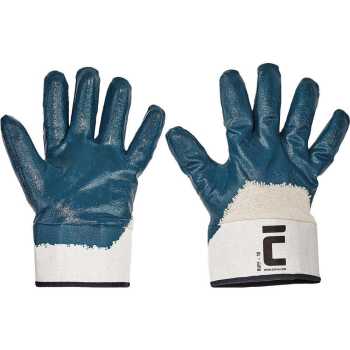 Ruff Gr&ouml;&szlig;e: 9-11, Baumwollhandschuh mit blauer Nitrilbeschichtung, Handr&uuml;cken halb getaucht, Stulpe
