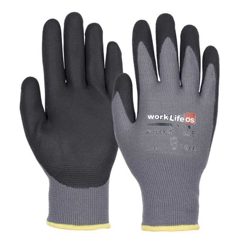 WorkLife W-Flex Gr&ouml;&szlig;e: 8-11, Polyester Feinstrickhandschuh, innen leicht Acrylgef&uuml;ttert, nitrilbeschichtete Handfl&auml;che, Handr&uuml;cken frei