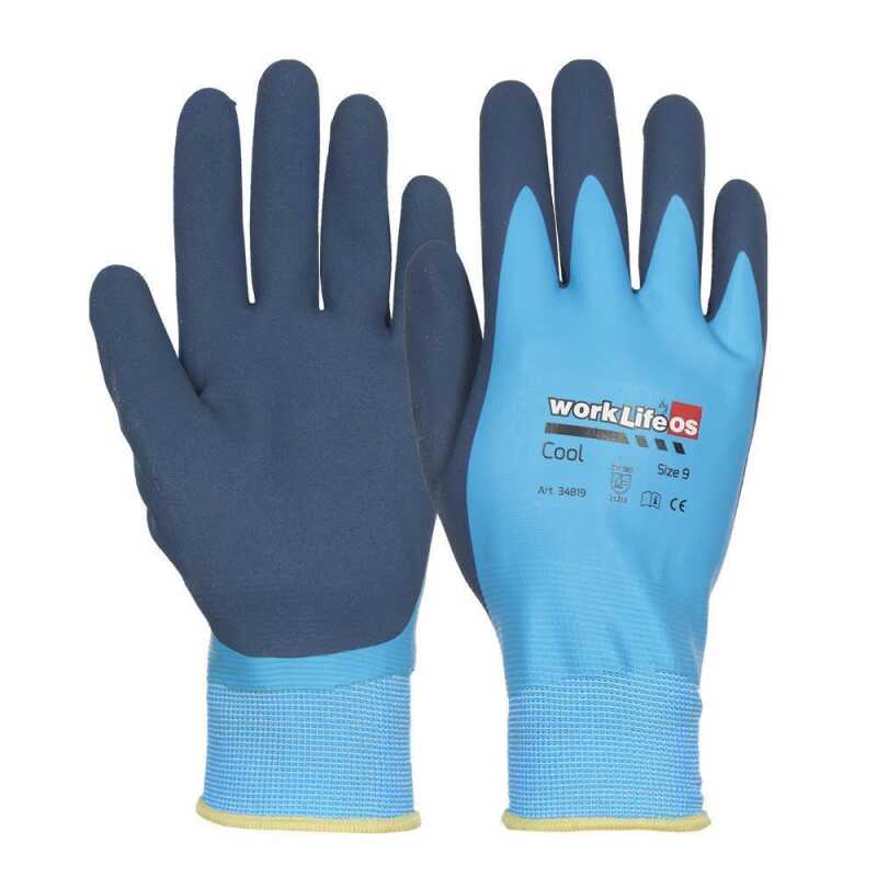 WorkLife Cool   Gr&ouml;&szlig;e: 8-11, Polyesterfeinstrickhandschuh mit einer kompletten blauen Latexbeschichtung bis zum Strickbund und einer zweiten Latexbeschichtung in der Innenhand