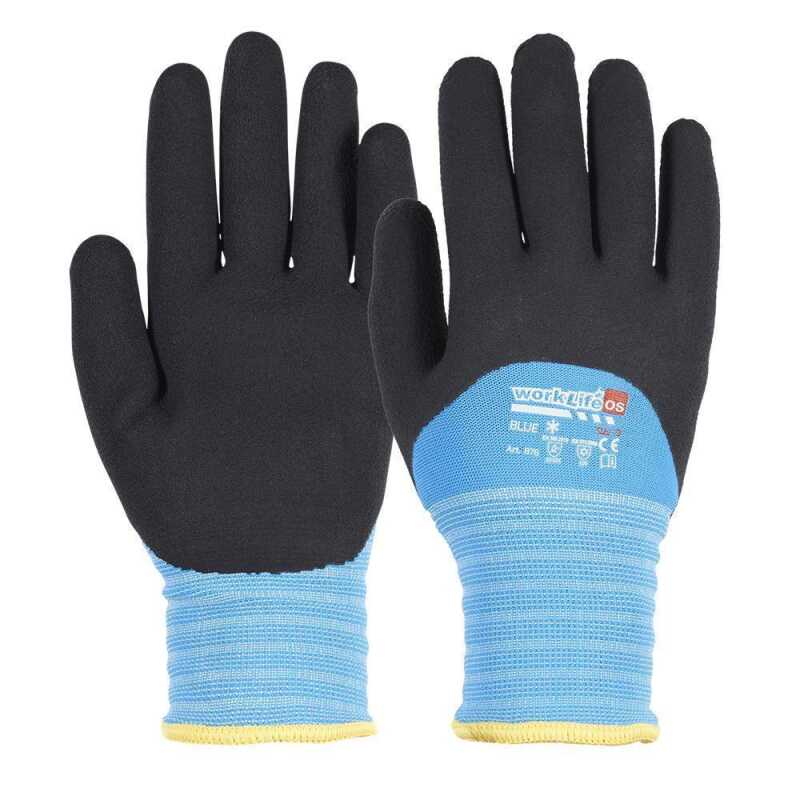 WorkLife Ice Blue Gr&ouml;&szlig;e: 8-11, Polyesterstrickhandschuh, blau mit schwarzer Latexbeschichtung, Handr&uuml;cken halb getaucht, Strickbund, innen Acrylgef&uuml;ttert