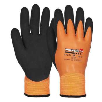 WorkLife Cool W Gr&ouml;&szlig;e: 8-12, Polyesterstrickhandschuh, orange mit doppelter Latexbeschichtung in der Innenhand und Einfachbeschichtung auf dem Handr&uuml;cken, innen gef&uuml;ttert