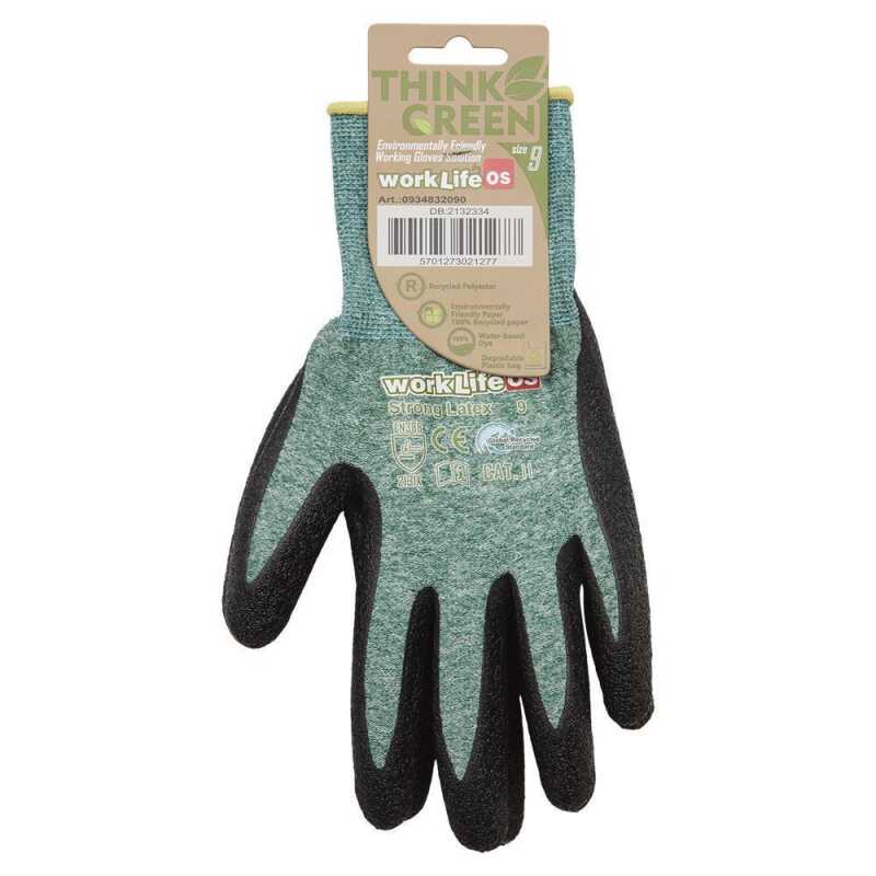 Think green Strong Latex Gr&ouml;&szlig;e: 8-11, RPET/Polyester Feinstrickhandschuh mit kr&auml;ftiger Latexschaumbeschichtung, Handr&uuml;cken frei, Strickbund