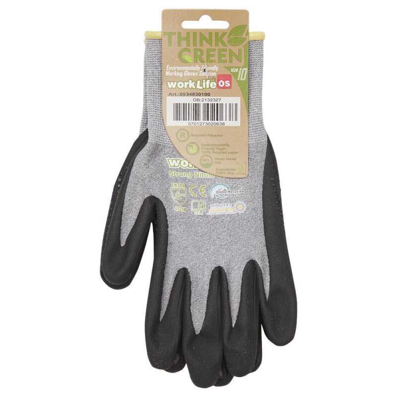 Strong Nitrile Dot Gr&ouml;&szlig;e: 8-11, RPET/Polyester Feinstrickhandschuh mit Nitrilschaumbeschichtung, Innenhand genoppt, Handr&uuml;cken frei, Strickbund, &Ouml;KO Tex 100 zertifiziert