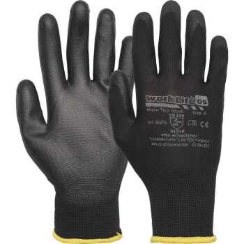 WorkLife Micro Tech Black Gr&ouml;&szlig;e: 7-11, Schwarzer Polyesterfeinstrickhandschuh, 13 gauge mit schwarzer PU Beschichtung, Handr&uuml;cken frei, Strickbund