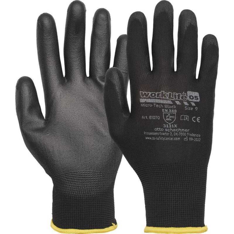 WorkLife Micro Tech Black Gr&ouml;&szlig;e: 9, Schwarzer Polyesterfeinstrickhandschuh, 13 gauge mit schwarzer PU Beschichtung, Handr&uuml;cken frei, Strickbund