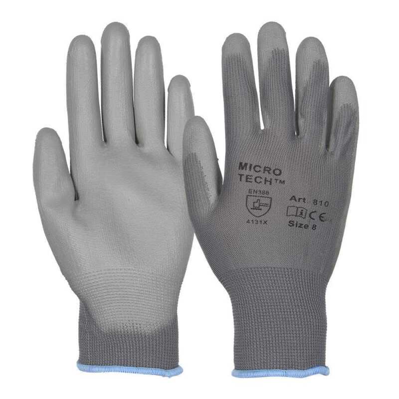 WorkLife Micro Tech Grau Gr&ouml;&szlig;e: 7-11, Grauer Nylonfeinstrickhandschuh, 13 gauge mit grauer PU Beschichtung, Handr&uuml;cken frei, Strickbund