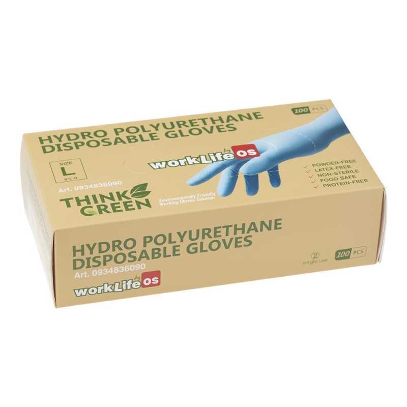 Think Green Hydro PU Gr&ouml;&szlig;e: 7-10, Blauer, puderfreier aus auf wasserbasiertem Polyurethan Einweghandschuh in 100 St Spenderbox, lebensmittelgeeignet, Rollrand
