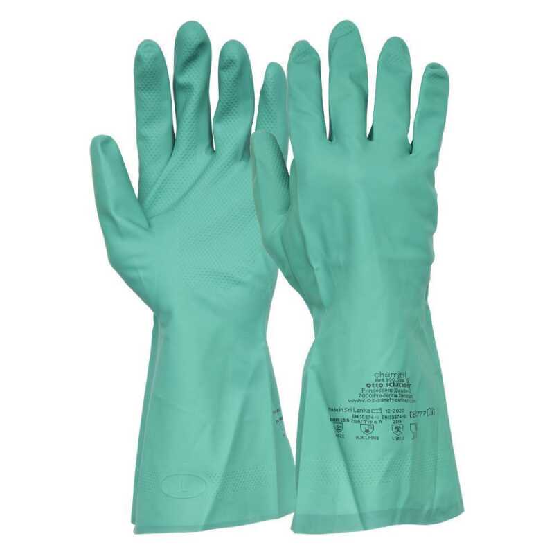 WorkLife Chemitril Gr&ouml;&szlig;e: 7-11, Gr&uuml;ner Nitrilhandschuh , 0,38 mm stark , 33 cm lang , innen velorisiert, das Gitterprofil sorgt f&uuml;r einen guten Grip, Kategorie 3, Typ A
