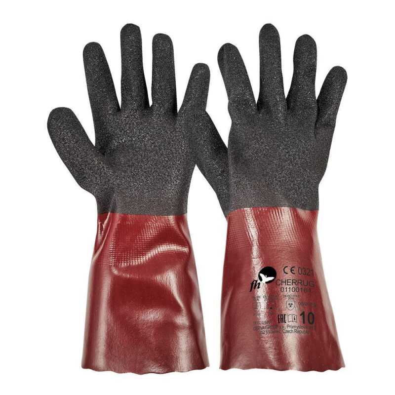 Cherrug Gr&ouml;&szlig;e: 7-11, Kr&auml;ftiger PVC Handschuh mit einer Nitrilbeschichtung , Nyloninnengewebe , 0,8 mm stark , 30 cm lang, Kategorie 3, Typ A