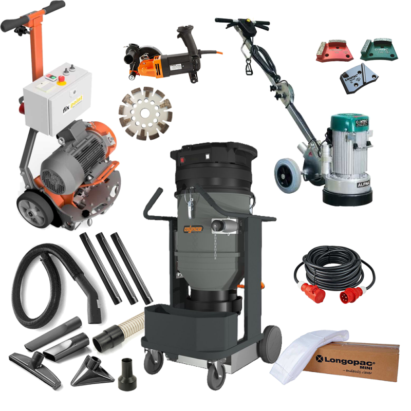 Gro&szlig;anwender/Profi Fu&szlig;bodenheizung Fr&auml;s- Set incl.Fu&szlig;bodenheizungs- Bodenfr&auml;se 4 KW, 2WD Allradantrieb, Industriesauger incl. Zubeh&ouml;r, Bodenschleifmaschine 230V + Zubeh&ouml;r