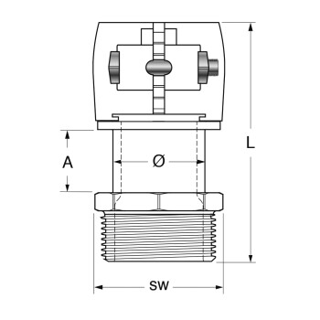 Klemm&uuml;bergang mit Fixpunkt mit Aussengewinde |  63/5,8 mm x 2&quot;  |  &Oslash; 51  |  SW 66 |  PN6 (PE-Xa) max. 95&deg;C Heizung  |  PN16 (PEX 100) max. 20&deg;C Kalt- oder K&uuml;hlwasser  | f&uuml;r Fernw&auml;rmeleitung SDR11