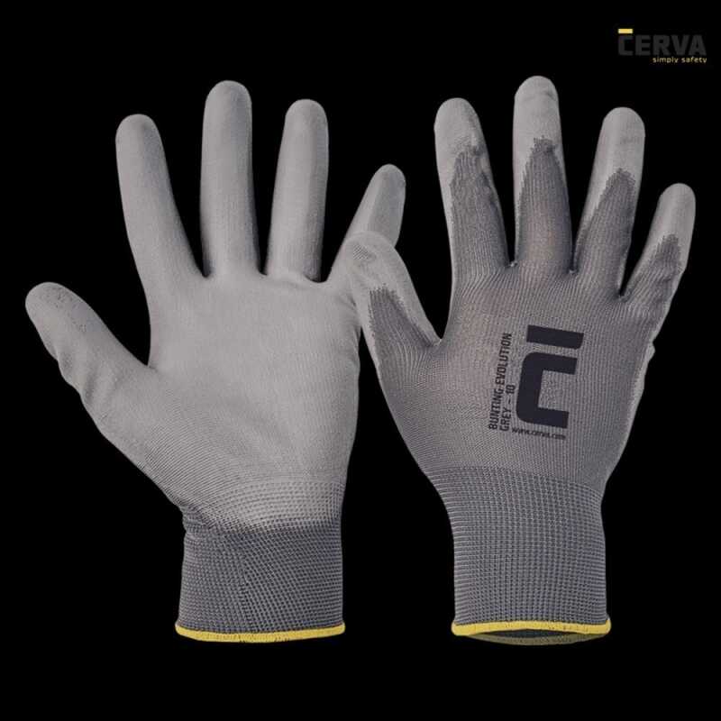 Bunting Evolution Grey Gr&ouml;&szlig;e: 7-11, Grauer Nylonfeinstrickhandschuh, 13 gauge mit grauer PU Beschichtung, Handr&uuml;cken frei, Strickbund