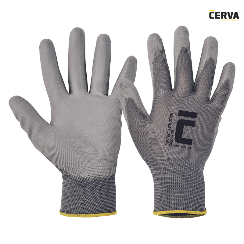 Bunting Evolution Grey Gr&ouml;&szlig;e: 7-11, Grauer Nylonfeinstrickhandschuh, 13 gauge mit grauer PU Beschichtung, Handr&uuml;cken frei, Strickbund