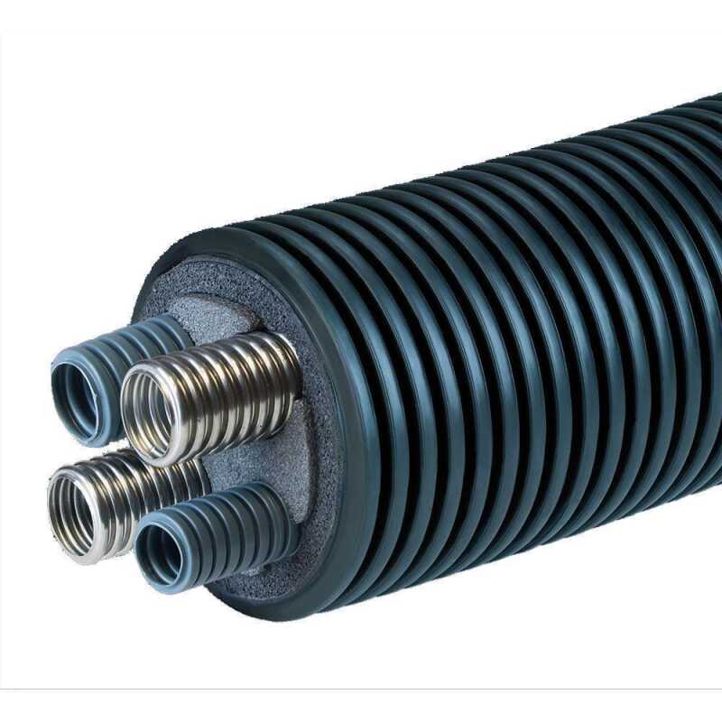 Fernw&auml;rmeleitung mit doppeltes Edelstahlwellrohr/W&auml;rmepumpenrohr 2xDN25/125 mm bis 95&deg;C mit PEX-D&auml;mmung mit 2x Kabelschutzrohr